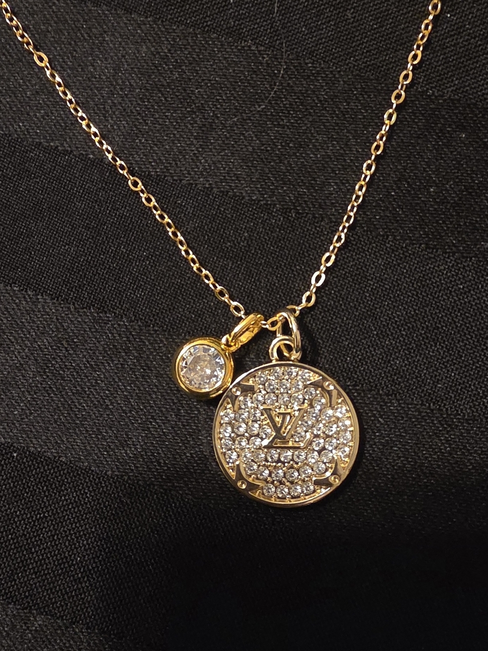 Upcycled Louis Vuitton Gold Pavé Crystal Round Pendant With 1 Ct Moissanite - Picture 5 of 8